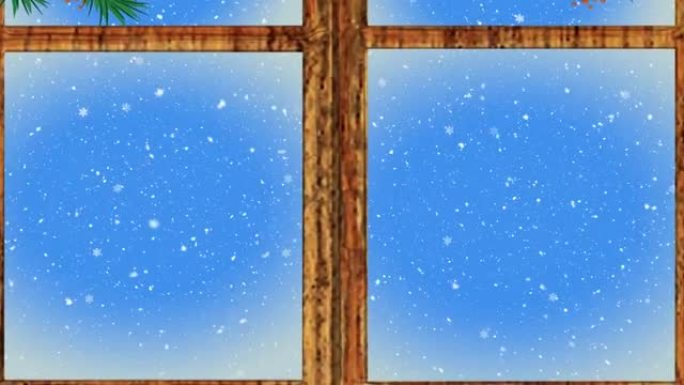 圣诞灯、悬挂装饰品和飘落在蓝色背景下的雪花上的窗框