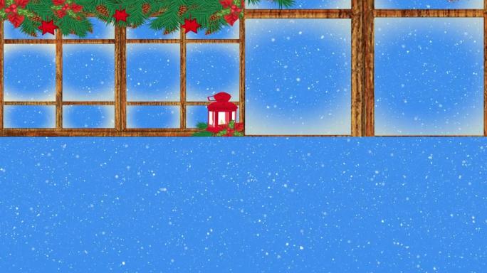 圣诞灯、悬挂装饰品和飘落在蓝色背景下的雪花上的窗框