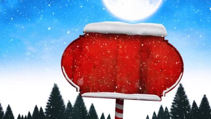 圣诞节冬季风景下的雪花和木制标志的动画