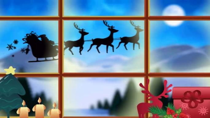 圣诞老人在雪橇上的动画，驯鹿透过窗户和圣诞节装饰看到