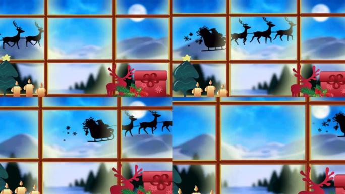 圣诞老人在雪橇上的动画，驯鹿透过窗户和圣诞节装饰看到