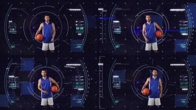 白人男子篮球运动员在黑色背景上的范围扫描动画