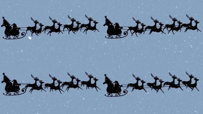 与驯鹿一起降落在雪橇上的圣诞老人的动画