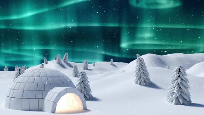 雪落在冰屋和多棵树上，在夜空中的绿色灯光下，冬天的风景