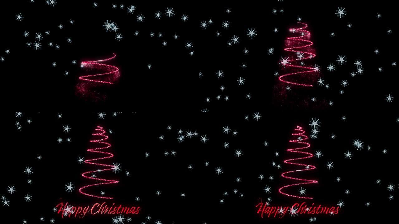 动画od雪落在黑色背景上的圣诞快乐文字和霓虹圣诞树上