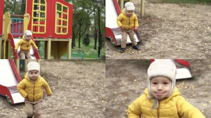 童年，家庭，母亲，冬季概念-两个学龄前未成年的男孩和女孩2-4岁的兄弟姐妹在秋季公园的操场上玩耍。小