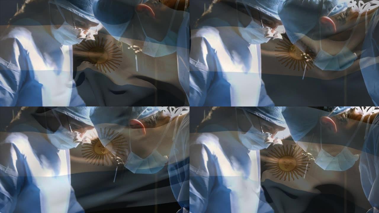 在手术室中，阿根廷国旗对外科医生的动画