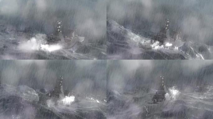 海军船只在暴风雨和闪电的海洋中航行