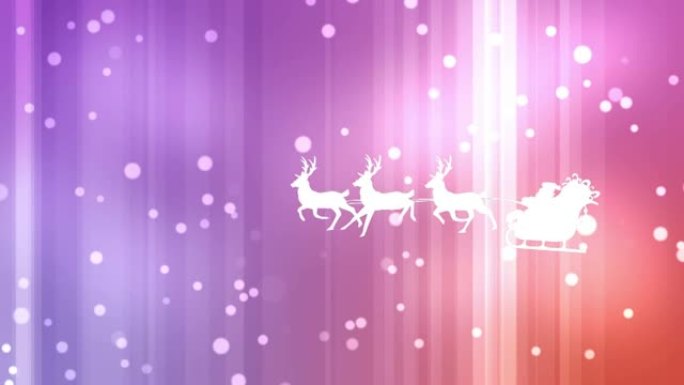 圣诞老人在雪橇上的动画，驯鹿在粉红色背景上发光的白色斑点上