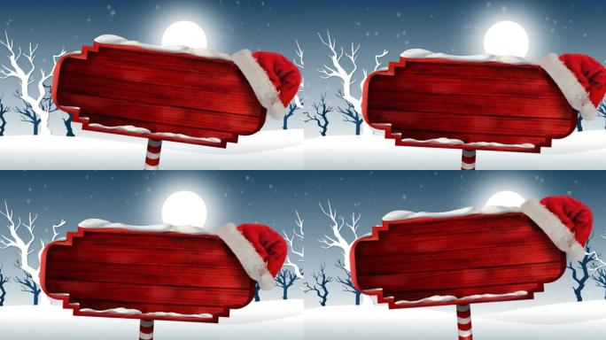 圣诞节下雪和冬季风景上的木牌动画