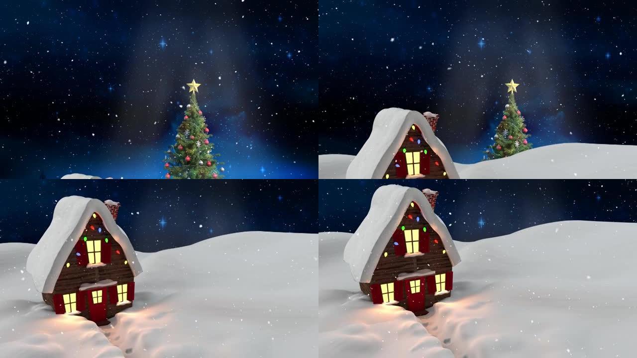雪落在房子上的动画，装饰着圣诞仙女灯和冬季景观