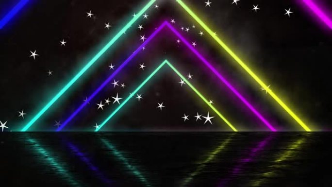 在水线和夜空中的星星上移动彩色几何形状的动画