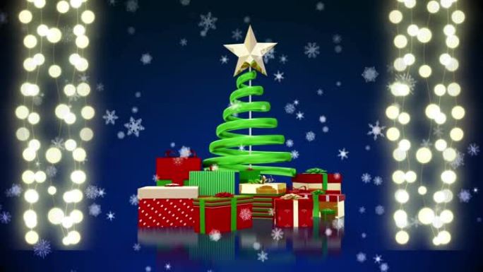 海军背景上的圣诞树，礼物，灯光和落雪动画