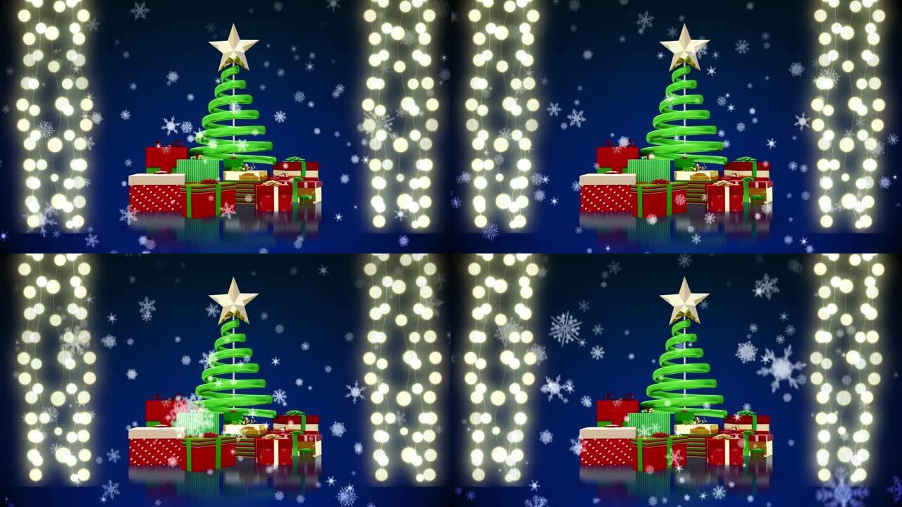 海军背景上的圣诞树，礼物，灯光和落雪动画