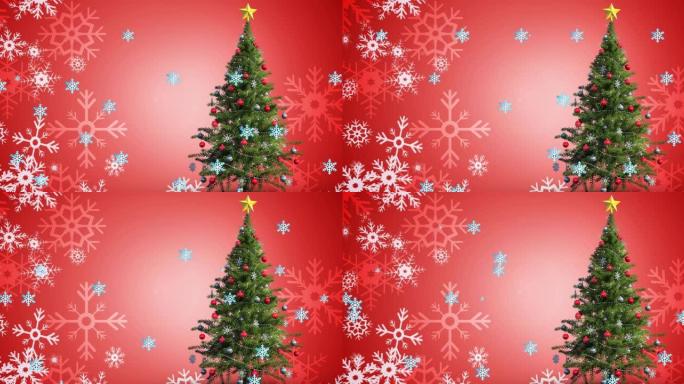 红色背景上的雪花和圣诞树的动画