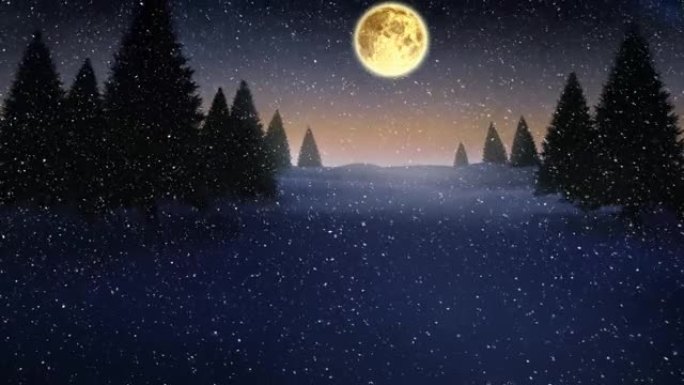 冬季风景中雪花落在杉树和月亮上的动画