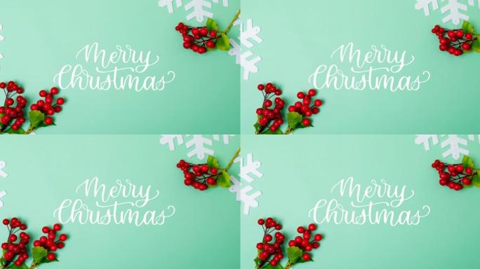 绿色背景上圣诞快乐文字和装饰的动画