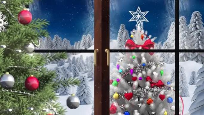 圣诞树和窗框抵御冬天风景上白色圣诞树上的雪