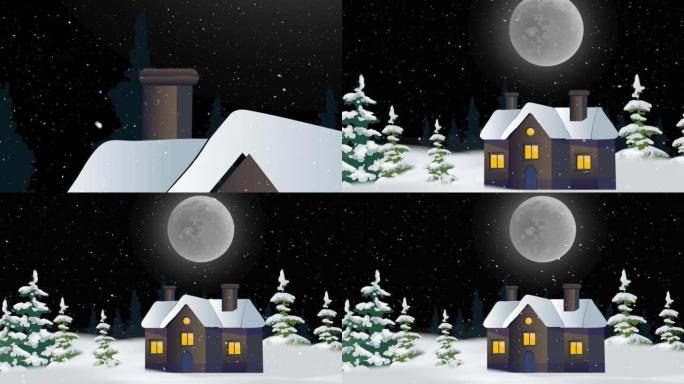 冬天的风景和夜晚的房子的动画