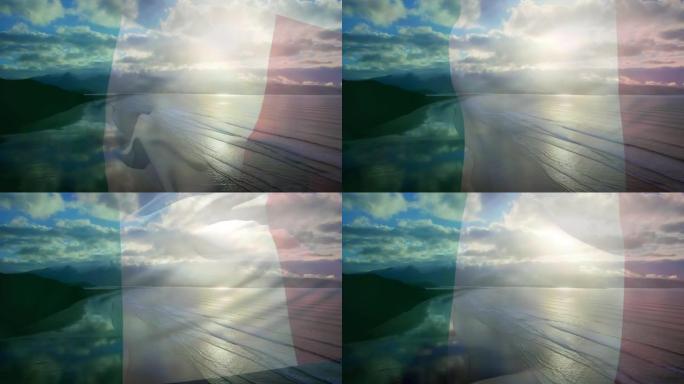 意大利国旗的动画在海滩景观，多云的蓝天和大海上飘扬