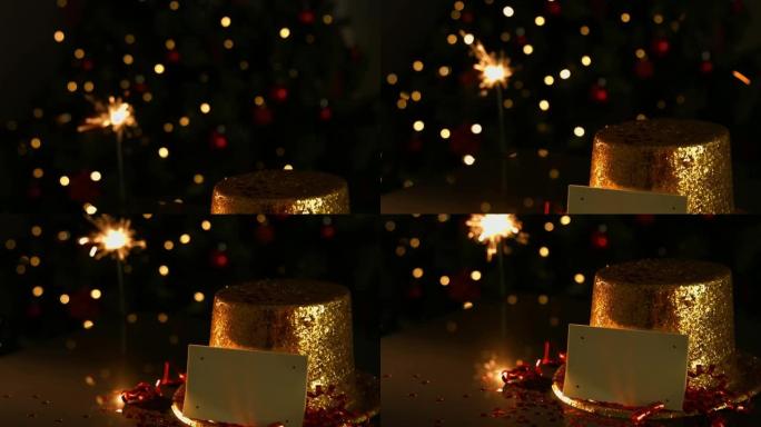 烟火和圣诞帽和卡片的动画，在橙色光点上有复制空间