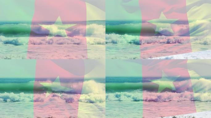 数字组成挥舞喀麦隆国旗对抗海浪在海