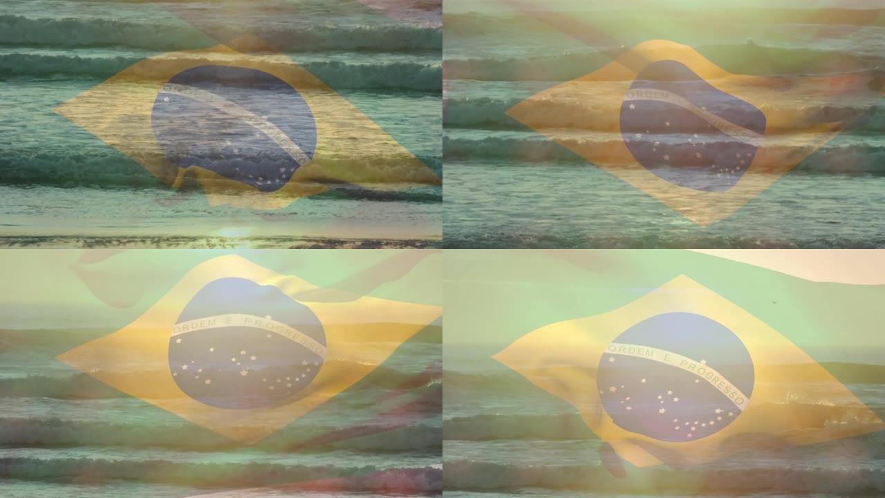 巴西国旗在海浪中飘扬的动画
