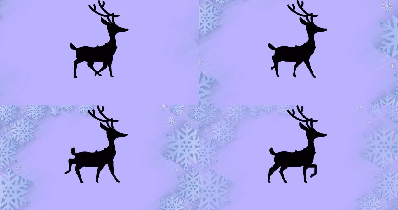 驯鹿在雪花上行走的黑色剪影在紫色背景下形成框架