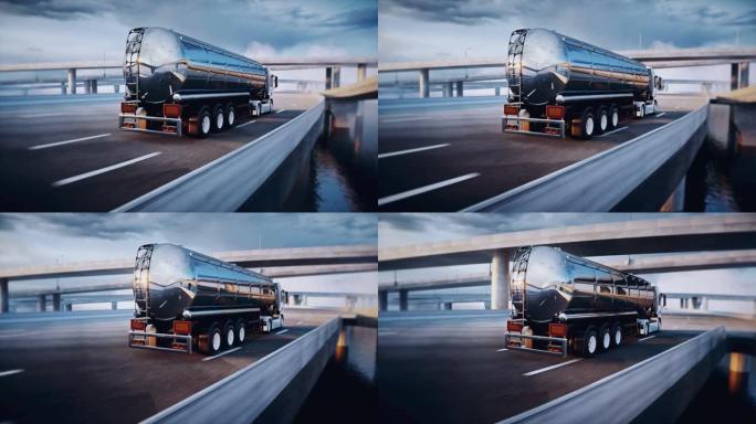 高速公路上的3d通用油车。非常快的驾驶。交付概念。逼真的4k动画。