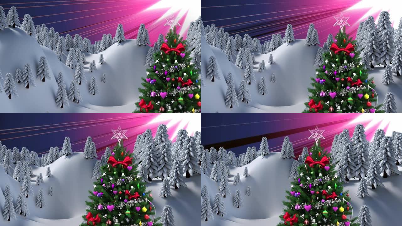 紫色发光射线上的冬季景观和圣诞节装饰动画