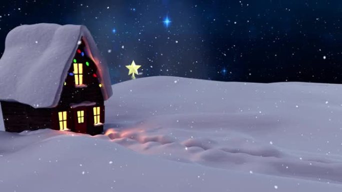 冬季景观上的雪落在房屋上，夜空中蓝色闪耀的星星