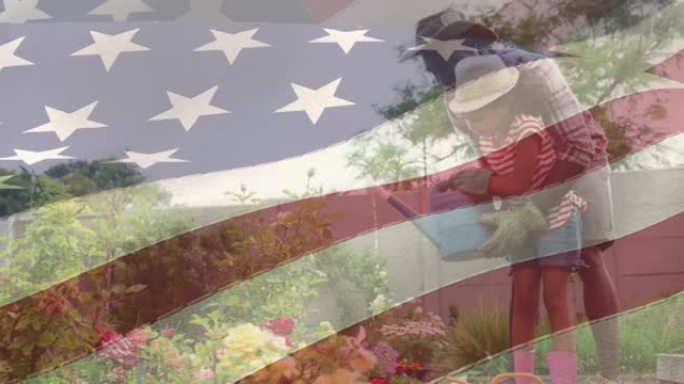 动画的美国国旗上的非洲裔美国父亲和女儿园艺