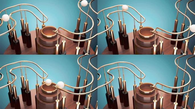 白色的球在金色的铁轨上滚动，落入蓝色背景上的木洞中。