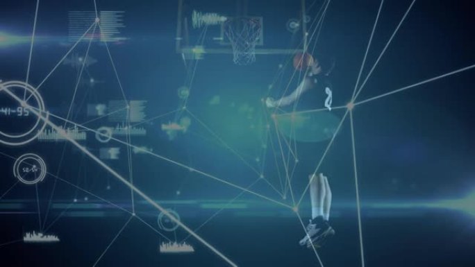 数据处理动画，健身房混合种族男子篮球运动员的连接网络