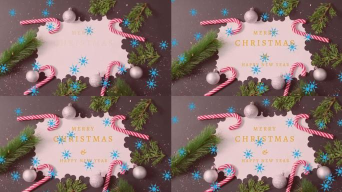 圣诞快乐和新年快乐的纸上动画，棕色背景上有装饰