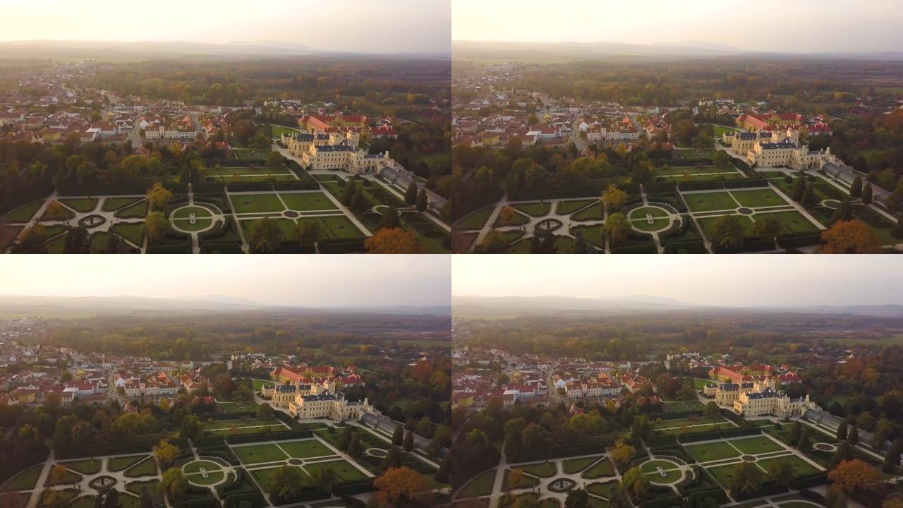 俯瞰捷克摩拉维亚小镇莱德尼斯和带有绿色花园的城堡庭院。联合国教科文组织世界遗产。