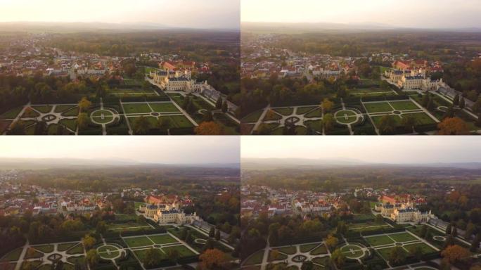 俯瞰捷克摩拉维亚小镇莱德尼斯和带有绿色花园的城堡庭院。联合国教科文组织世界遗产。