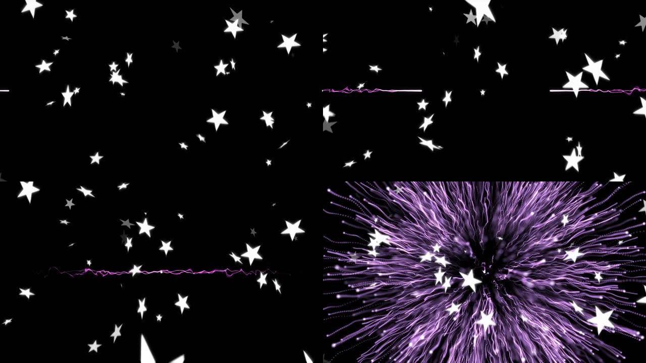 黑色背景上的星星掉落在紫色烟花上的动画