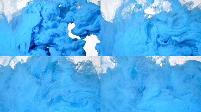 浅蓝色水彩墨水在白色背景上与水中混合。令人敬畏的抽象背景。