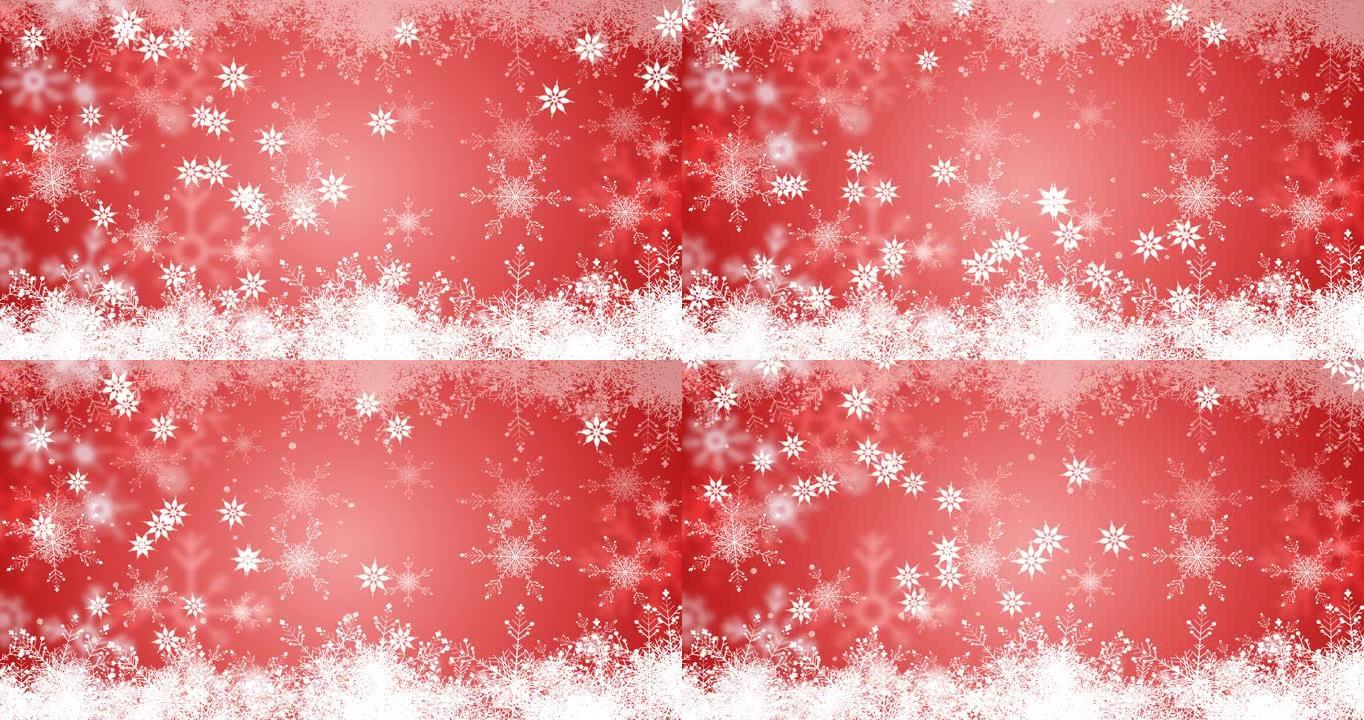 红色背景下圣诞节雪花飘落的动画