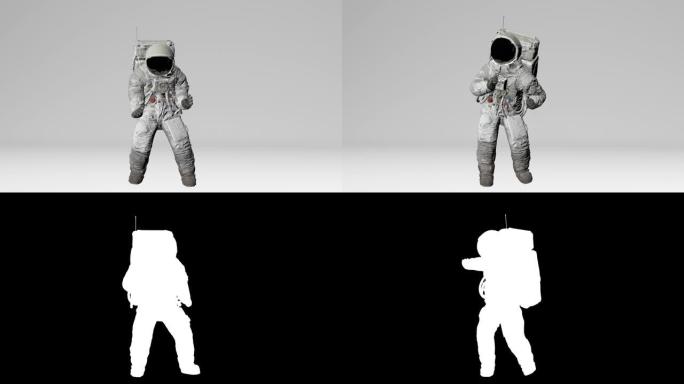 宇航员在阿尔法频道的白色背景上跳舞。