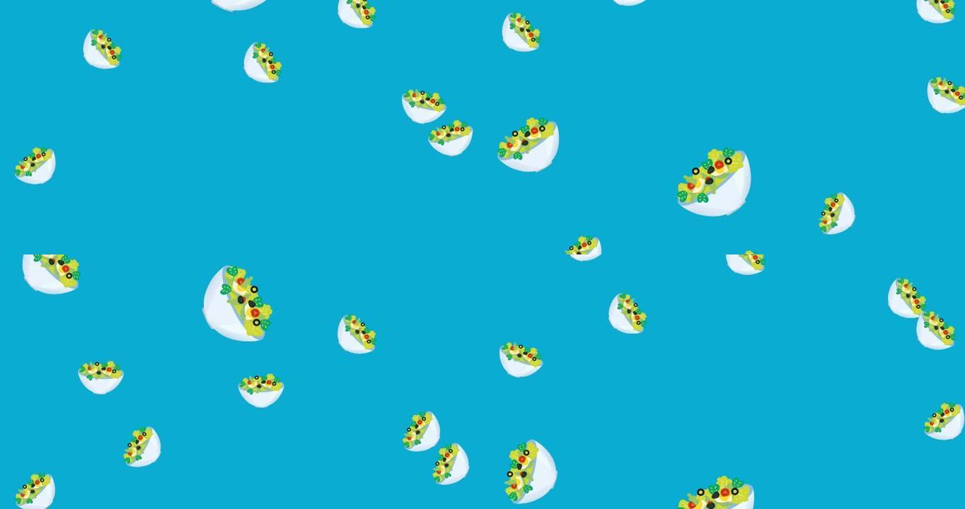 白色碗鸡蛋沙拉落在蓝色背景上的动画