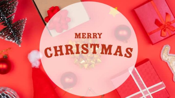 红色背景上的礼物上的圣诞节快乐文字动画