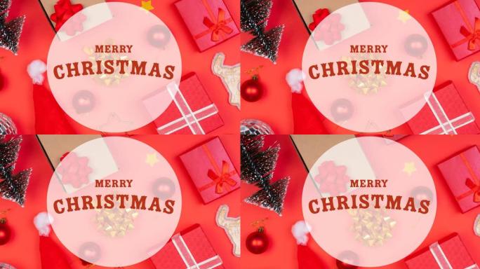 红色背景上的礼物上的圣诞节快乐文字动画