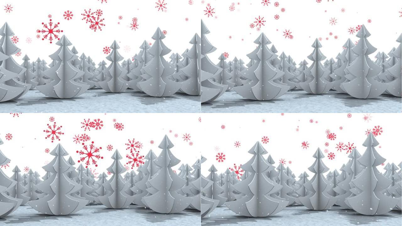 雪落在冬天的多棵树图标上，红色雪花图标落下