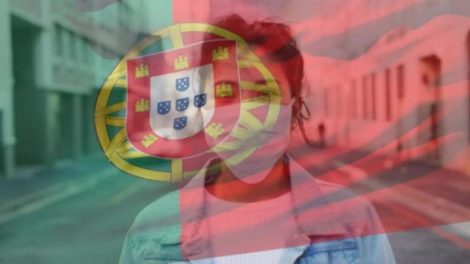 在covid 19大流行期间，葡萄牙国旗挥舞着戴着口罩的女人的动画