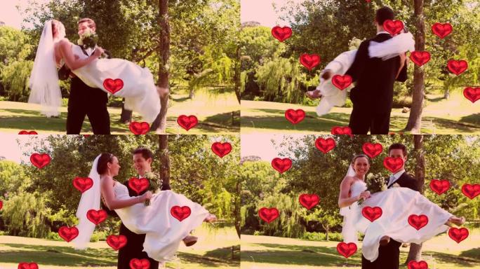 多个红心气球漂浮在新婚夫妇新郎背着新娘的动画