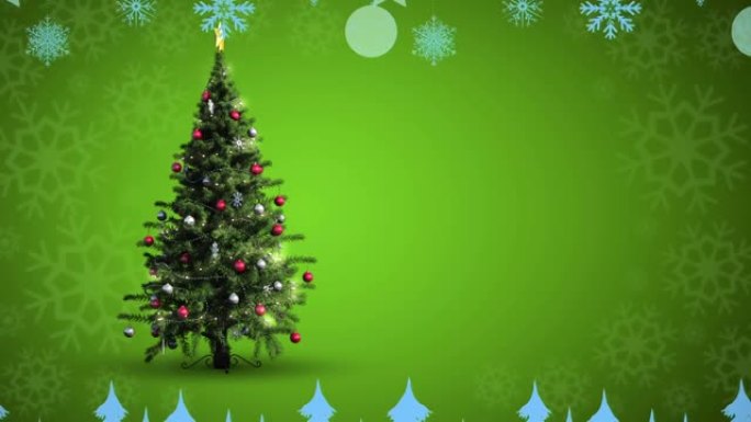 绿色背景上的雪花落在圣诞树上的动画