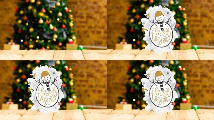 节日问候的动画圣诞节文本和背景模糊装饰上的雪人