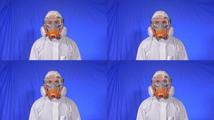 男子特写肖像，戴着防护医用气溶胶喷漆面罩呼吸器。概念健康安全N1H1病毒冠状病毒流行病2019 nC
